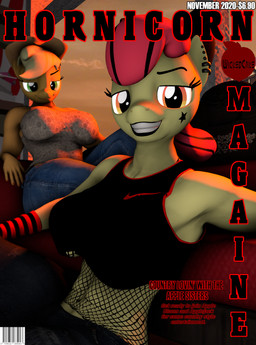 anthro big_breasts breasts clothing duo female fictional_magazine_cover fishnet_clothing magazine sunset wickedcake friendship_is_magic hasbro my_little_pony apple_bloom_(mlp) applejack_(mlp) equid equine horse mammal pony 3d_(artwork) cover digital_media_(artwork) hi_res magazine_cover source_filmmaker_(artwork)