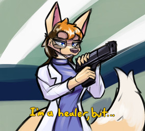 anthro blue_eyes clothing coat dipstick_tail eyewear female fur glasses grin gun handgun holding_gun holding_object holding_ranged_weapon holding_weapon markings pistol ranged_weapon smile solo standing tail tail_markings tan_body tan_fur text topwear weapon white_clothing white_coat white_topwear murrdusa canid canine fox mammal meme