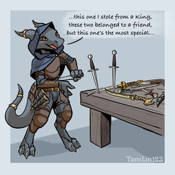 accessory ambiguous_gender anthro armor bag black_sclera dagger digitigrade fantasy furgonomics furniture hood horn horn_jewelry horn_ring jewelry leather leather_armor melee_weapon ring ring_(jewelry) solo standing table tail tail_accessory tail_bag tail_jewelry tail_ring text weapon yellow_eyes tamlin123 kobold scalie 1:1 english_text hi_res