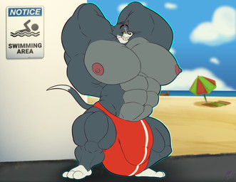 abs anthro balls beach biceps big_balls big_bulge big_muscles big_pecs big_penis bulge calf_muscles clothing cloud detailed_bulge flexing flexing_muscles flexing_tricep genital_outline genitals huge_balls huge_muscles huge_pecs huge_penis hyper hyper_balls hyper_genitalia hyper_muscles hyper_pecs hyper_penis looking_at_viewer male moobs muscular navel nipples pecs penis penis_outline quads sand smile smiling_at_viewer smirk smirking_at_viewer solo swimwear tail thick_thighs thong towel triceps umbrella underwear rogero_(artist) metro-goldwyn-mayer tom_and_jerry thomas_cat domestic_cat felid feline felis mammal hi_res