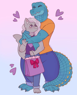 3_toes 5_fingers 5_toes anthro arm_tuft arms_bent barefoot bent_leg birthday_gift black_claws black_nose blue_bottomwear blue_clothing blue_eyes blue_pants blue_tail blush blush_lines bottomwear cheek_tuft claws clothing duo ear_tuft elbow_tuft eyebrows eyes_closed facial_tuft feet femboy finger_claws fingers fluffy fluffy_tail fur gift gradient_background grey_body grey_fur grey_tail hair hand_on_hand happy hearts_around_body holding_bag holding_gift holding_object hug hugging_another hugging_from_behind hugging_partner inner_ear_fluff interspecies larger_anthro larger_male long_hair long_tail love male male/male male_anthro membrane_(anatomy) multicolored_body multicolored_scales orange_clothing orange_shirt orange_topwear pants paws pink_inner_ear pockets purple_clothing purple_shirt purple_tank_top purple_topwear red_bow scales scuted_tail scutes sharp_teeth shirt simple_background size_difference smaller_anthro smaller_male smile smiling_at_another smiling_at_partner standing tail tank_top teeth text thick_tail thick_thighs toe_claws toes topwear tuft two_tone_body two_tone_scales wavy_hair webbed_feet white_eyebrows white_hair white_inner_ear_fluff wide_hipped_anthro wide_hipped_male yellow_scutes suzeart azrael_(tertia) nathile_tiduna alligatorid azurlligator canid canine canis crocodilian mammal reptile scalie wolf 2026 artist_name colored digital_drawing_(artwork) digital_media_(artwork) english_description hi_res shaded