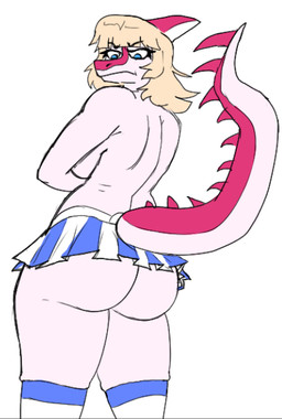 angry anthro back_boob blonde_hair bottomwear breasts butt clothed clothing female hair legwear looking_back mostly_nude pink_body skirt solo stockings tail upskirt mozzieslaya cavemanon_studios i_wani_hug_that_gator mia_moretti dinosaur hadrosaurid ornithischian ornithopod parasaurolophus prehistoric_species reptile scalie