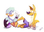 anthro bottomwear clothing duo female male male/female paws shorts tickling juneduck21 anatid anseriform avian bird canid canine canis dingo duck mammal