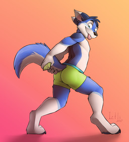5_fingers anthro black_nose blue_hair boxers_(clothing) butt camera claws clothed clothing feet fingers fur green_clothing green_eyes green_underwear hair inner_ear_fluff male multicolored_body multicolored_fur orange_background partially_clothed pawpads paws short_hair simple_background solo standing tongue tongue_out topless tuft underwear iztli canid canine canis domestic_dog husky hybrid mammal nordic_sled_dog spitz wolf 2017 digital_media_(artwork) hi_res shaded