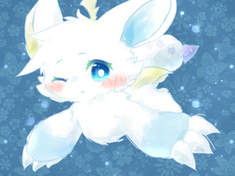 abstract_background ambiguous_gender blue_background blue_eyes blush chibi claws feral floral_print fluffy fur kemono looking_at_viewer membrane_(anatomy) membranous_wings one_eye_closed pupils semi-anthro simple_background solo white_body white_fur white_pupils wings deaic mammal unknown_species 2017 4:3 hi_res shaded