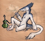 3_toes 4_fingers anthro biped blue_body blue_fur claws crossed_legs feet fingers fur holding_object hookah male nude open_mouth relaxing shisha side_view smoke smoking solo standing tail toes deervvitch glaice mammal sergal 2011 watermark