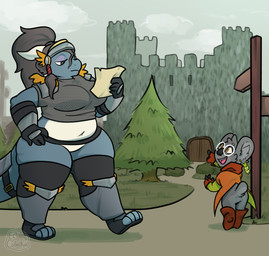 ambiguous_gender anthro armor boots castle chainmail cloak clothing door duo ear_piercing ear_ring eyewear female footwear gauntlets gesture glasses gloves hand_gesture handwear headgear helmet kneeguards midriff paper path piercing plant pointing reading_paper ring_piercing road_sign scarf shoes tree eclairscollection mythology jommy dragon koala mammal marsupial mythological_creature mythological_scalie scalie vombatiform hi_res