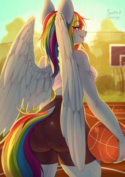 anthro anthrofied arm_tuft athletic athletic_anthro athletic_female basketball blue_body bodily_fluids bottomwear bra breasts butt clothing eye_through_hair female female_anthro fitness hair looking_at_viewer looking_back looking_back_at_viewer multicolored_hair multicolored_tail muscular muscular_female outside purple_eyes rainbow_hair rainbow_tail shorts shoulder_tuft side_boob solo spandex spandex_shorts spats sport sports_bra sweat tail thick_thighs tight_bottomwear tight_clothing tight_shorts translucent translucent_hair tuft underwear wet wings spoiledorange friendship_is_magic hasbro my_little_pony mythology rainbow_dash_(mlp) equid equine horse mammal mythological_creature mythological_equine pegasus pony hi_res
