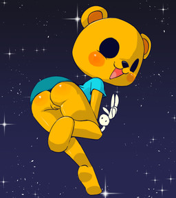 anthro anus bent_leg bent_over black_nose blue_background blue_clothing blue_dress blush blush_stickers butt clothed clothing cosmic_background dot_eyes dress featureless_feet feet female fur genitals glistening glistening_butt happy looking_at_viewer looking_back looking_back_at_viewer monotone_body monotone_fur no_underwear open_mouth open_smile plushie rear_view simple_background simple_eyes smile soles solo star starry_background tongue upskirt vulva yellow_body yellow_fur young young_anthro young_female vono cookie's_bustle cookie_blair bear mammal 2026 colored digital_drawing_(artwork) digital_media_(artwork) full-length_portrait hi_res portrait shaded