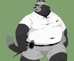 anthro belly big_belly black_body black_nose bottomwear clothing golf_club green_background hat headgear headwear kemono male overweight overweight_male shorts simple_background solo uokkom domestic_cat felid feline felis mammal 2023 hi_res