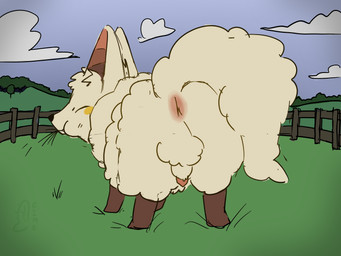 anus backsack balls brown_legs cloud eating eating_grass eyes_closed fence feral fluffy fluffy_balls fluffy_tail genitals half-erect male outside penis plant solo tail text tree wood wood_fence furinmyeyes palworld pocketpair cremis pal_(species) 2025 4:3 digital_media_(artwork) hi_res signature