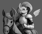 ambiguous_gender anthro anthrofied armor bridle duo female feral grey_background knight reins riding simple_background warrior wings mrscroup friendship_is_magic hasbro my_little_pony mythology fluttershy_(mlp) equid equine horse mammal mythological_creature mythological_equine pegasus 5:4 greyscale hi_res monochrome