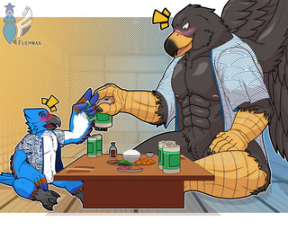 abs anthro asian_clothing avian_arms avian_feet beer_bottle beverage_can bottle clothing container east_asian_clothing feathered_wings feathers food korean_clothing male muscular muscular_anthro nipples non-mammal_nipples sitting sitting_on_ground size_difference wings fuenmax accipitrid accipitriform avian bird eagle falcon falconid 5:4 hi_res