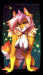 anthro breasts clothed clothing eyebrows eyelashes female fur hair open_mouth orange_body orange_fur pink_hair red_eyes smile solo teeth tongue longdanger canid canine fox mammal 2022 alpha_channel digital_media_(artwork) hi_res