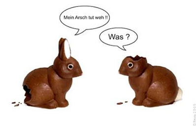ambiguous_gender bite_mark bite_taken candy chocolate chocolate_bunny dessert dialogue duo feral food holidays humor joke simple_background speech_bubble text white_background unknown_artist easter food_creature lagomorph leporid living_candy living_chocolate mammal rabbit german_text low_res translated