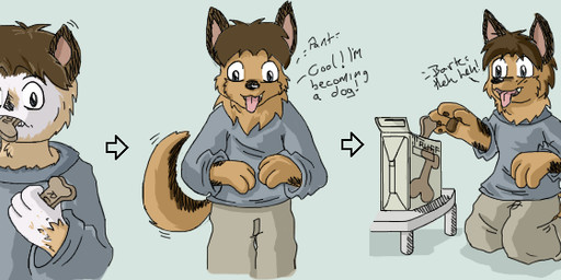 after_transformation anthro barking black_body black_fur box brown_body brown_fur chewing clothed clothing container dialogue directional_arrow dog_food dog_treat eating food_box fur fur_growth growth kneeling male pawpads pet_food simple_background snout snout_growth solo tail tail_motion tailwag text tongue tongue_out transformation transformation_sequence moofers-mufa canid canine canis domestic_dog german_shepherd herding_dog human mammal pastoral_dog english_text