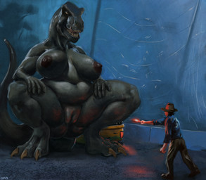 3_toes anthro anthrofied belly big_breasts bottomwear breasts claws clothed clothing crouching duo feet female flare_(object) footwear genitals glowing glowing_eyes hand_on_knee hand_on_leg hat headgear headwear huge_breasts imminent_sex innie_vulva larger_anthro larger_female licking licking_lips male navel nipples non-mammal_breasts non-mammal_navel non-mammal_nipples nude open_mouth outside overweight overweight_anthro overweight_female pants plump_labia pupils raining sagging_breasts self_lick sharp_teeth shirt shoes size_difference slit_pupils smaller_human smaller_male standing tail teeth toe_claws toes tongue tongue_out topwear vulva wet wet_body yellow_sclera upai flare_scene_(meme) jurassic_park universal_studios alan_grant rexy_(jurassic_park) dinosaur human mammal prehistoric_species reptile saurischian scalie theropod tyrannosaurid tyrannosauroid tyrannosaurus tyrannosaurus_rex absurd_res colored hi_res