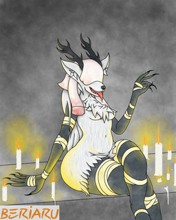 abstract_background anthro bandage black_body black_skin breasts candle candlelight chest_tuft covered_eyes crossed_legs dark_body dark_skin female fire fur hair horn light long_arms long_nails medium_breasts monster_girl_(genre) navel simple_background sitting slightly_chubby smile solo thick_thighs tongue tongue_out tuft white_body white_fur white_hair beriaru bloodborne fromsoftware mythology sony_corporation sony_interactive_entertainment vicar_amelia beast_(bloodborne) canid canine canis mammal monster mythological_canine mythological_creature werecanid werecanine werecreature werewolf wolf 2020 4:5 absurd_res digital_media_(artwork) hi_res portrait shaded three-quarter_portrait
