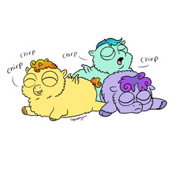 1_horn ambiguous_feral ambiguous_gender animal_noises blue_body blue_fur blue_hair chirping eyes_closed feral fur group hair hooves horn mouth_closed neonate open_mouth orange_hair orange_hooves orange_tail purple_body purple_fur purple_hair purple_hooves simple_background smile spiral_horn tail text trio white_background wings yellow_body yellow_fur young young_ambiguous young_feral squeegull fluffy_pony mythology equid equine fluffy_pony_(species) mammal mythological_creature mythological_equine pegasus unicorn winged_unicorn 1:1 2025 artist_name digital_media_(artwork) flat_colors hi_res