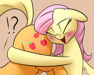 butt duo exclamation_point female feral hug interrobang question_mark underpable friendship_is_magic hasbro my_little_pony applejack_(mlp) fluttershy_(mlp) earth_pony equid equine horse mammal pony 5:4
