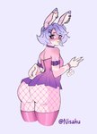 anthro arm_accessory butt butt_focus clothing ear_piercing femboy fishnet_clothing fishnet_leggings fishnet_legwear gesture hair hand_gesture leggings legwear male neckwear piercing pink_body pink_stockings purple_eyes purple_hair stockings v_sign nisaku bunnytail lagomorph leporid mammal rabbit absurd_res hi_res