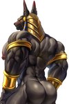 anthro areola armband back_muscles barazoku big_butt big_muscles blush bodily_fluids bracelet butt deltoids ear_piercing ear_ring egyptian eyebrows frown gold_(metal) gold_jewelry headdress huge_butt huge_muscles jewelry kemono looking_back male muscular muscular_anthro muscular_male nipples nude pecs piercing rear_view ring_piercing simple_background solo standing sweat sweatdrop tailless thick_arms thick_thighs triceps vein white_background yukihoshiak egyptian_mythology middle_eastern_mythology mythology anubis anubian_jackal canid canine canis deity jackal mammal 2025 absurd_res hi_res