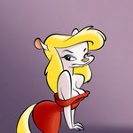 anthro big_breasts big_butt blonde_hair breasts butt cleavage clothed clothing dress female hair long_hair looking_at_viewer no_bra red_clothing red_dress solo thick_thighs wide_hips stanmort animaniacs warner_brothers minerva_mink mammal mink mustelid musteline true_musteline hi_res