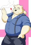 anthro bottomwear clothing eyewear fur glasses heart_symbol humanoid_hands male overweight overweight_anthro overweight_male pants shirt smoking solo topwear white_body white_fur kumadasi kumaura721 lifewonders tokyo_afterschool_summoners leib_(tas) bear mammal polar_bear ursine 2018 hi_res