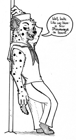 4_fingers anthro arm_tuft bedroom_eyes bottomwear cheek_tuft clothed clothing costume dipstick_tail ear_piercing elbow_tuft facial_tuft fingers fur half-closed_eyes hat headgear headwear male markings multicolored_tail narrowed_eyes naughty_face pants piercing plantigrade pole sailor_cap sailor_uniform seductive simple_background solo stripper stripper_pole suggestive tail tail_markings teeth text tuft uniform white_background labjer disney zootopia fan_character tavit_khalil_(spiff) hyena mammal spotted_hyena black_and_white english_text monochrome traditional_media_(artwork)