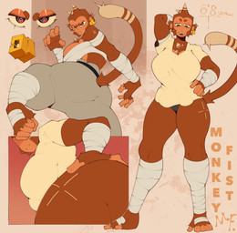 anthro arm_wraps big_breasts breasts brown_body brown_fur cheek_tuft chest_tuft chest_wraps circle_eyebrows clothing ear_piercing ear_ring eyebrows facial_tuft feet female fighting_pose foot_wraps fur hand_behind_head hand_on_butt hand_on_hip head_tuft huge_breasts leg_wrap markings multiple_poses piercing pose ring_piercing solo spiral spiral_eyes text thick_thighs tuft underwear wraps talons_tw monkey_fist_(talons_tw) haplorhine mammal monkey primate hi_res