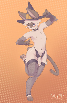 3_toes 5_fingers anthro areola arm_tuft armwear balls biped black_claws blue_eyes blue_pupils blush blush_lines blushing_at_viewer brown_body brown_ears brown_eyebrows brown_fingers brown_markings brown_nose brown_tail brown_toes choker circumcised claws clothing costume dotted_background elbow_gloves elbow_tuft eyebrows facial_markings feet femboy finger_claws fingerless_gloves fingers fishnet_clothing fishnet_legwear flaccid front_view fur furgonomic_hat furgonomic_headwear furgonomics genitals glans gloves gradient_background grey_armwear grey_choker grey_clothing grey_elbow_gloves grey_fingerless_gloves grey_gloves grey_handwear grey_hat grey_headwear grey_jewelry grey_leg_warmers grey_legwear grey_necklace grey_tuft hair handwear hat head_markings headgear headwear hindpaw holidays humanoid_genitalia humanoid_hands humanoid_penis iris jewelry leg_tuft leg_warmers legwear lingerie long_tail looking_at_viewer male male_anthro markings mask_(marking) mostly_nude mostly_nude_anthro mostly_nude_male multicolored_body navel necklace on_one_leg open_mouth orange_background pattern_background pawpads paws penis pink_areola pink_glans pink_inner_ear pink_pawpads pink_tongue pose pupils red_blush short_hair shy simple_background solo standing tail text toes tongue tuft urethra white_balls white_body white_fur white_hair white_penis white_sclera white_text white_tuft witch_hat malvyper halloween domestic_cat felid feline felis mammal absurd_res artist_name full-length_portrait hi_res pinup portrait