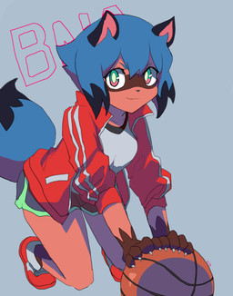 anthro ball basketball_(ball) black_body black_fur black_hair black_nose blue_body blue_eyes blue_hair breasts brown_body brown_fur clothed clothing female fluffy fluffy_tail footwear fur grey_background hair jacket multicolored_body multicolored_eyes multicolored_fur multicolored_hair open_clothing open_jacket open_topwear pink_eyes shoes short_hair simple_background smile solo tail topwear takatisakana brand_new_animal studio_trigger michiru_kagemori canid canine mammal raccoon_dog tanuki absurd_res hi_res