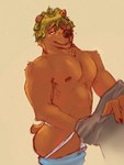 anthro bear blonde_hair brown_body brown_fur clothed clothing eyebrows fur hair hi_res jockstrap looking_at_viewer male mammal muscular nipples partially_clothed sefews short_tail solo tail underwear ursine
