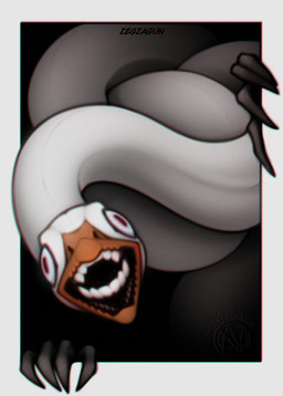 ambiguous_gender beak creepy long_neck nightmare_fuel noise_filter open_beak open_mouth solo teeth white_body zegzagun anatid anseriform anserine avian bird goose absurd_res chromatic_aberration hi_res