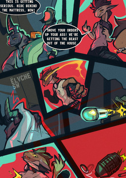 bullet clothed clothing dialogue explosives female gesture grenade gun gunshot hand_gesture handgun hat headgear headwear horn male mattress middle_finger profanity ranged_weapon shooting_gun text weapon conditional_dnp elvche scalywanderer fallout microsoft dean_(elvche) lazy_(elvche) deathclaw gecko_(fallout) night_stalker_(fallout) scalie 2025 artist_collaboration comic english_text hi_res