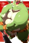 anthro belly big_belly bulge clothing green_body kemono male moobs nipples overweight overweight_male solo tail tongue tongue_out underwear weapon kisukemk777 mythology setsubun dragon mythological_creature mythological_scalie scalie 2024 hi_res