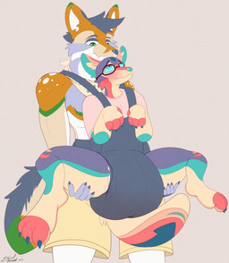 anthro baby_carrier blush diaper duo embarrassed eyewear feces female glasses looking_at_another looking_up male sagging_diaper size_difference soiled_diaper soiling spread_legs spreading unclean_diaper used_diaper steelshark sassafras_(xmokomokox) canid canine canis coyote mammal absurd_res hi_res