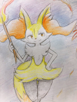 ambiguous_anthro ambiguous_gender anthro big_tail biped closed_smile digitigrade dipstick_tail elemental_manipulation featureless_crotch fire fire_manipulation front_view hand_on_hip holding_object holding_stick markings mouth_closed simple_background smile smug solo standing stick tail tail_markings thigh_gap three-quarter_view eiroru nintendo pokemon braixen canid generation_6_pokemon mammal pokemon_(species) 2018 3:4 colored_pencil_(artwork) colored_sketch graphite_(artwork) hi_res japanese_description portrait sketch three-quarter_portrait traditional_media_(artwork) translated_description