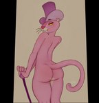 anthro butt clothing crossgender female fur hat headgear headwear nude pink_body pink_fur rear_view solo tail whiskers yellow_eyes yellow_sclera delki pink_panther felid mammal pantherine 2023 absurd_res hi_res