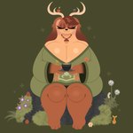 3_toes acorn ambiguous_gender anthro antlers beverage big_breasts biped breasts brown_body brown_fur cleavage clothed clothing container countershade_face countershade_fur countershading cup dandelion eyes_closed feet female floppy_ears flower food front_view fruit fur glistening glistening_breasts grass green_background green_clothing green_robe group holding_plate horn huge_breasts jewelry lop_ears mature_anthro mature_female monotone_background moss necklace nut_(fruit) plant robe rock saucer simple_background sitting smile solo_focus tan_body tan_fur tea tea_cup thick_thighs toes naycelium hinoki_(naycelium) elemental_creature flora_fauna jackalope lagomorph mammal seedling_(naycelium) 1:1 2025 absurd_res digital_media_(artwork) hi_res