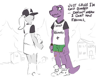 claws clothing duo female hair hat headgear headwear male plant pupils purple_body purple_scales scales shirt slit_pupils text topwear tree spinater goosebumps anon creep_(goosebumps) human mammal scalie 5:4 english_text