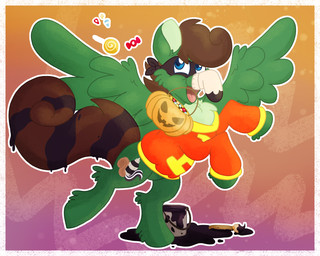 abstract_background biped black_mask black_paint black_stripes blue_eyes brown_hair brown_mane brown_tail brush bucket candy candy_bucket candy_corn clothed clothing container costume cutie_mark dessert dripping eye_mask feral fluffy fluffy_chest food footwear fruit fur gradient_background green_body green_fur grey_clothing grey_footwear grey_socks hair halloween_bucket halloween_costume holidays hooves jack-o'-lantern lollipop male male_feral mane mask mouth_hold on_hind_legs open_mouth paint paint_bucket paint_drip paintbrush painted_tail plant pumpkin pumpkin_bucket raccoon_tail raised_hoof red_clothing red_shirt red_sweater red_sweatshirt red_topwear shirt simple_background skunk_tail smile socks solo spilled_paint spread_wings squirrel_tail story_included stripes sweater sweatshirt tail topwear wearing_mask wings yellow_clothing yellow_shirt yellow_sweater yellow_sweatshirt yellow_topwear euspuche halloween hasbro my_little_pony mythology the_raccoons bert_raccoon fan_character pine_thunderoak equid equine horse mammal mythological_creature mythological_equine pegasus pony procyonid raccoon 5:4 colored crossover digital_media_(artwork) hi_res story story_in_description