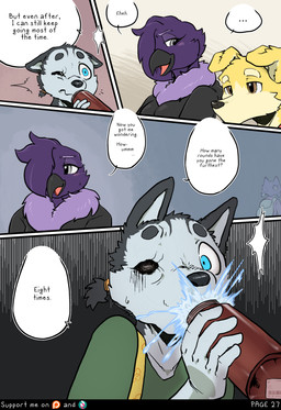 anthro beak black_body black_fur black_nose blue_body blue_eyes blue_feathers blue_hair blush bottle breasts button_ears cheek_tuft clothed clothing container countershade_torso countershading dialogue drinking eyebrows facial_tuft feathers female floppy_ears fur group hair hair_over_eye holding_bottle holding_container holding_object hoodie looking_at_another male medium_breasts missing_eye mouth_closed neck_tuft non-mammal_breasts open_mouth short_hair smile spit-take tan_body tan_countershading tan_fur text tongue tongue_out topwear trio tuft white_body white_countershading white_fur yellow_body yellow_fur canisfidelis clara_(canisfidelis) humphrey_(canisfidelis) avian bird canid canine canis corvid corvus_(genus) crow domestic_dog herding_dog husky mammal nordic_sled_dog oscine passerine pastoral_dog spitz welsh_corgi absurd_res comic english_text hi_res