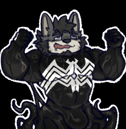 abs anthro aroused beard bulge clothing duo facial_hair flexing goo_transformation hair kemono looking_pleasured male male/male muscular muscular_male open_mouth pecs suit suit_transformation takeover tendrils transformation behimosfreud marvel magunm venom_(marvel) canid canine canis mammal symbiote wolf hi_res