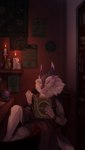 5_fingers anthro book candle chair clothing crystal_ball dress female fingers fluffy fur furniture inside occult rail reading sitting solo study studying tuft tufted_fur kirkir felsey_(xindi) mammal sergal 2021 digital_drawing_(artwork) digital_media_(artwork) hi_res signature