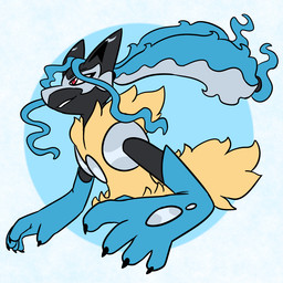 ambiguous_gender anthro black_body blue_body fur grey_body red_eyes simple_background solo white_sclera yellow_body yellow_fur nerdyreindeer nintendo pokemon fan_character generation_9_pokemon mega_lucario_z pokemon_(species) 1:1 2025