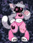 :3 anthro bell bell_collar bottomwear breasts cat_tail clothing collar female fur grey_body grey_fur grey_hair hair heart_symbol machine pawpads paws pink_bottomwear pink_clothing pink_topwear solo sticker stickers_on_body striped_body striped_fur stripes topwear wide_hips catgenderzz domestic_cat felid feline felis mammal protogen digital_media_(artwork) hi_res