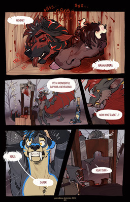 anthro blood blood_puddle bodily_fluids bottomwear bound brown_body brown_fur clenched_teeth clothed clothing corpse death decapitation dialogue execution executioner eyewear fangs feet fingers fur glasses gore group guillotine hair hands_tied holding_object horn loincloth loincloth_only male membrane_(anatomy) membranous_wings sabertooth_(anatomy) severed_body_part severed_head sitting smile speech_bubble standing tail teeth text toes tongue tongue_out topless topless_anthro topless_male wearing_glasses wings porcumoose_artistries mythology dietrich_von_verlangen_(theredmargrave) zuul_(saerro) bovid caprine caprine_demon deer demon dragon felid goat goat_demon mammal moose mythological_creature mythological_scalie new_world_deer prehistoric_species saber-toothed_tiger scalie comic digital_media_(artwork) english_text hi_res