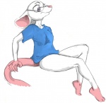 albino anthro bald blue_clothing blue_shirt blue_topwear bottomless breasts clothed clothing eyewear feet female fur glasses pink_eyes pink_feet pink_hands pink_nose shirt simple_background slim small_breasts solo tail thick_tail topwear white_background white_body white_fur bazza smekbo olga_hulhova mammal mouse murid murine rodent sketch source_request