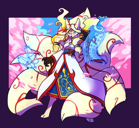 7_tails anthro barefoot blonde_hair blue_eyes breasts claws clothing digitigrade feet female fur hair hood magic multi_tail scroll smile smoke solo tail white_body white_clothing white_fur mewgle hasbro magic:_the_gathering wizards_of_the_coast light-paws_emperor's_voice canid canine fox mammal 2022 digital_media_(artwork) hi_res